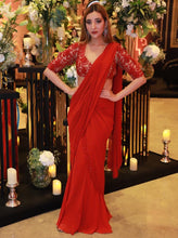 Load image into Gallery viewer, Red stitched Draped Saree