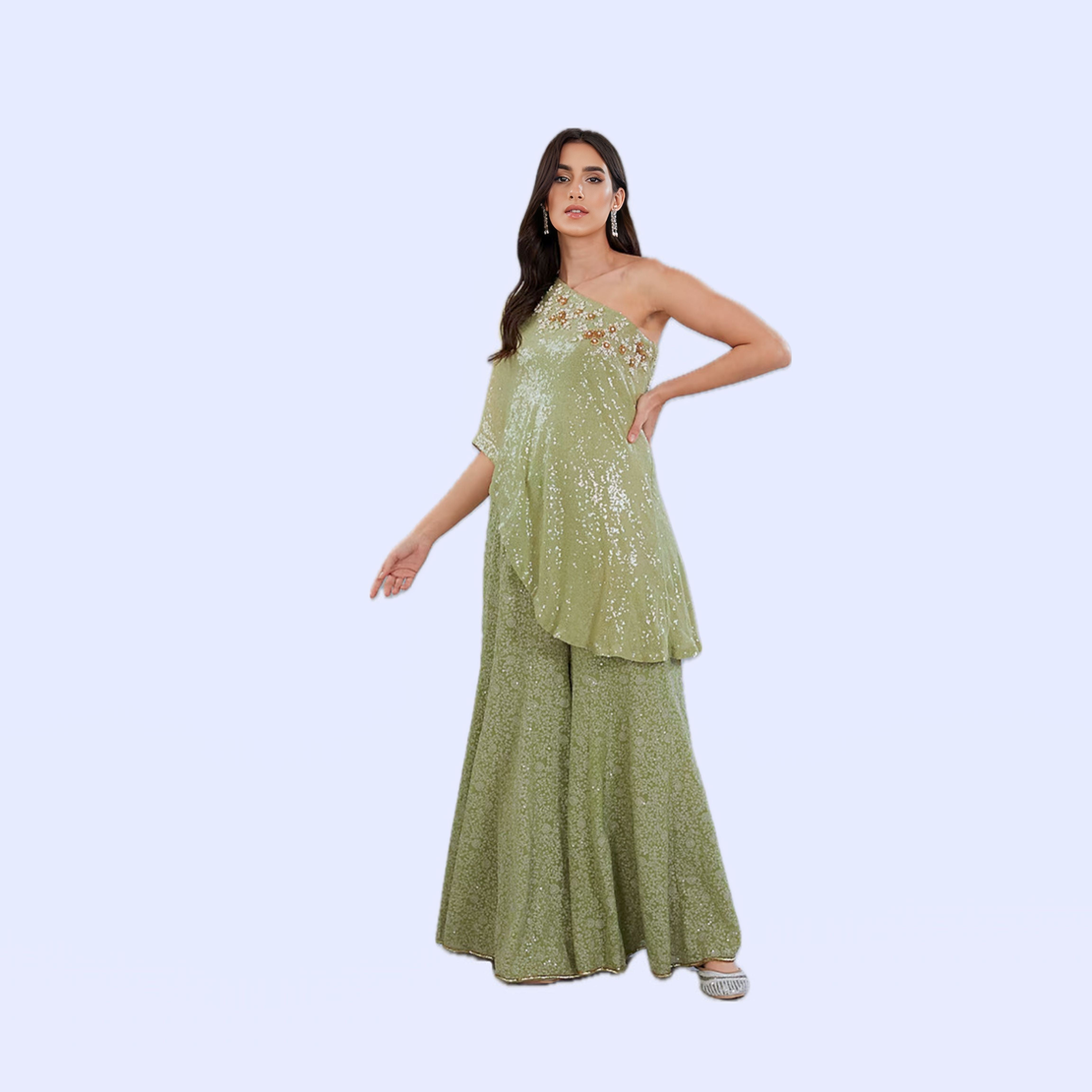 One shoulder Green Sharara Set