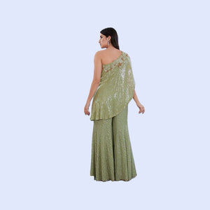 One shoulder Green Sharara Set