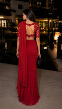 Load image into Gallery viewer, Red stitched Draped Saree
