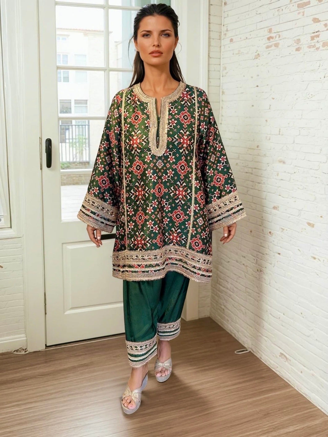 Patola Ikat Choga Set- Pink