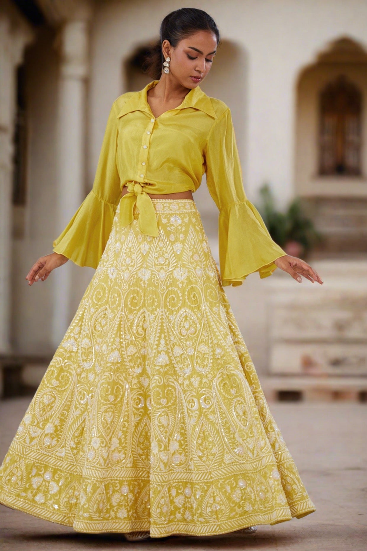 Parsi Gara Yellow lehenga with Tie-Shirt – Diksha Tandon