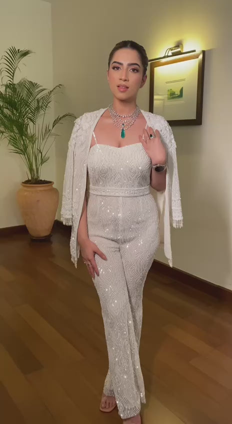 White Hand-embroidered Jumpsuit and Blazer duo
