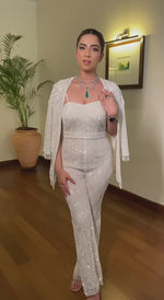 Load and play video in Gallery viewer, White Hand-embroidered Jumpsuit and Blazer duo
