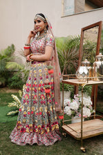 Load image into Gallery viewer, Multi coloured Floral embroidered Lehenga Set
