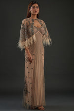 Load image into Gallery viewer, Peach Gown with sheer Embroidered Cape
