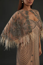 Load image into Gallery viewer, Peach Gown with sheer Embroidered Cape
