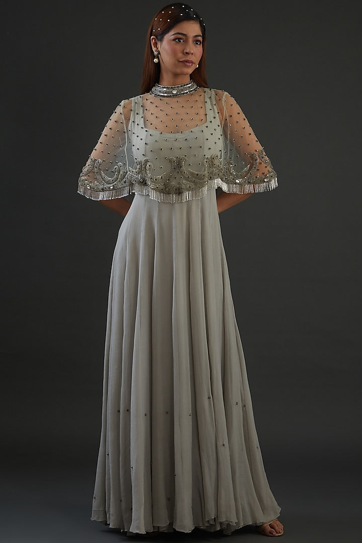 Gray Gown with hand embroidered Cape