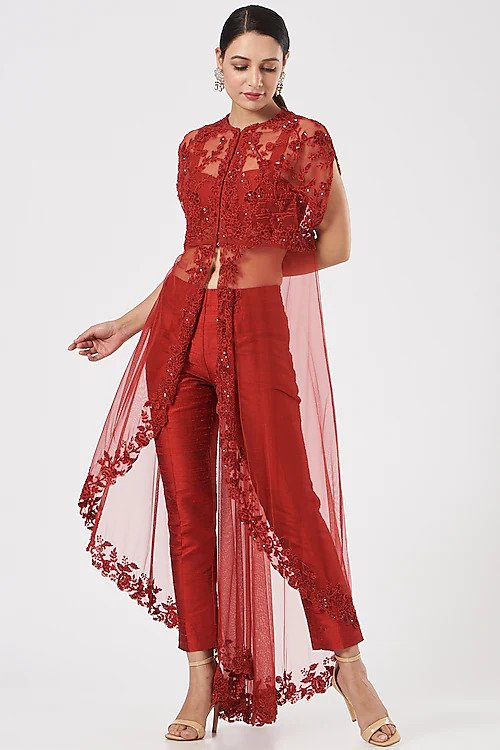 Red Embroidered Cape Set