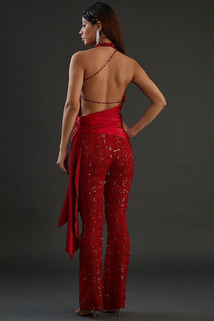 Red Georgette Embroidered Pant Set